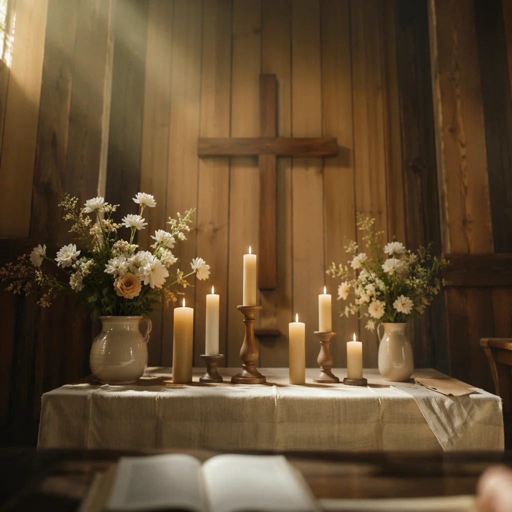 Peaceful Chapel Altar with Flowers and Candles