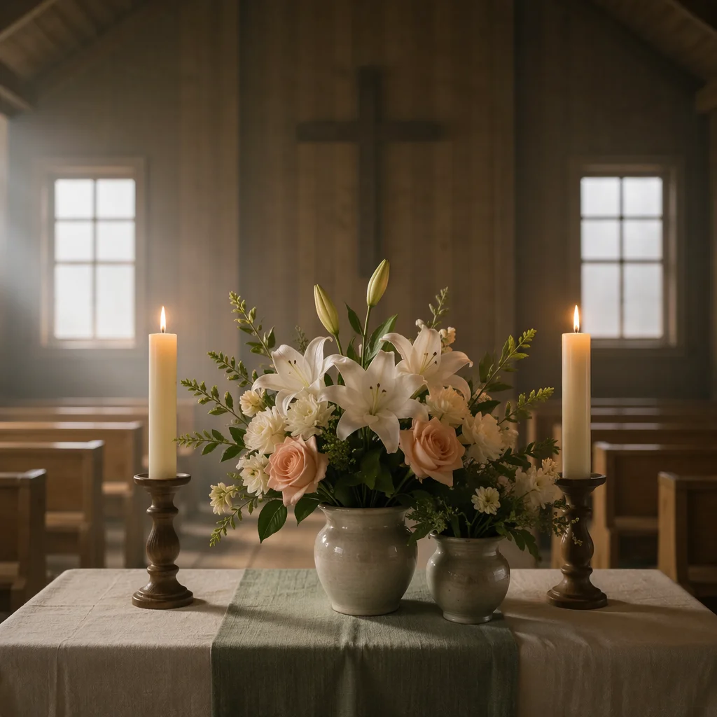 Quiet Church Altar with Flowers and Candles