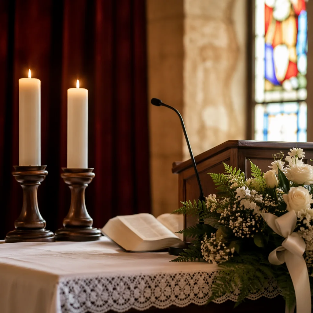Church Altar Flowers and Candlelight Worship