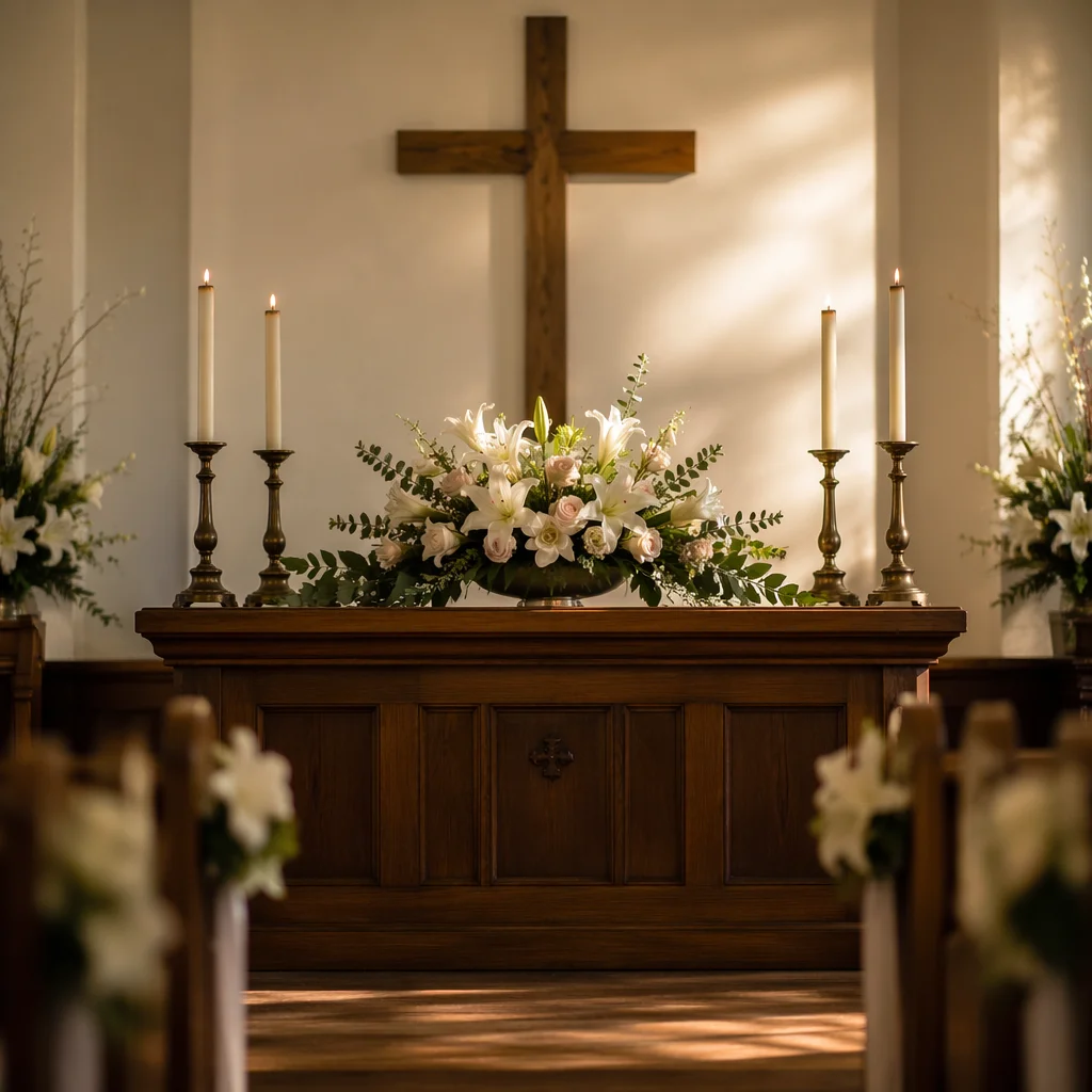 Quiet Church Altar with Flowers and Candles