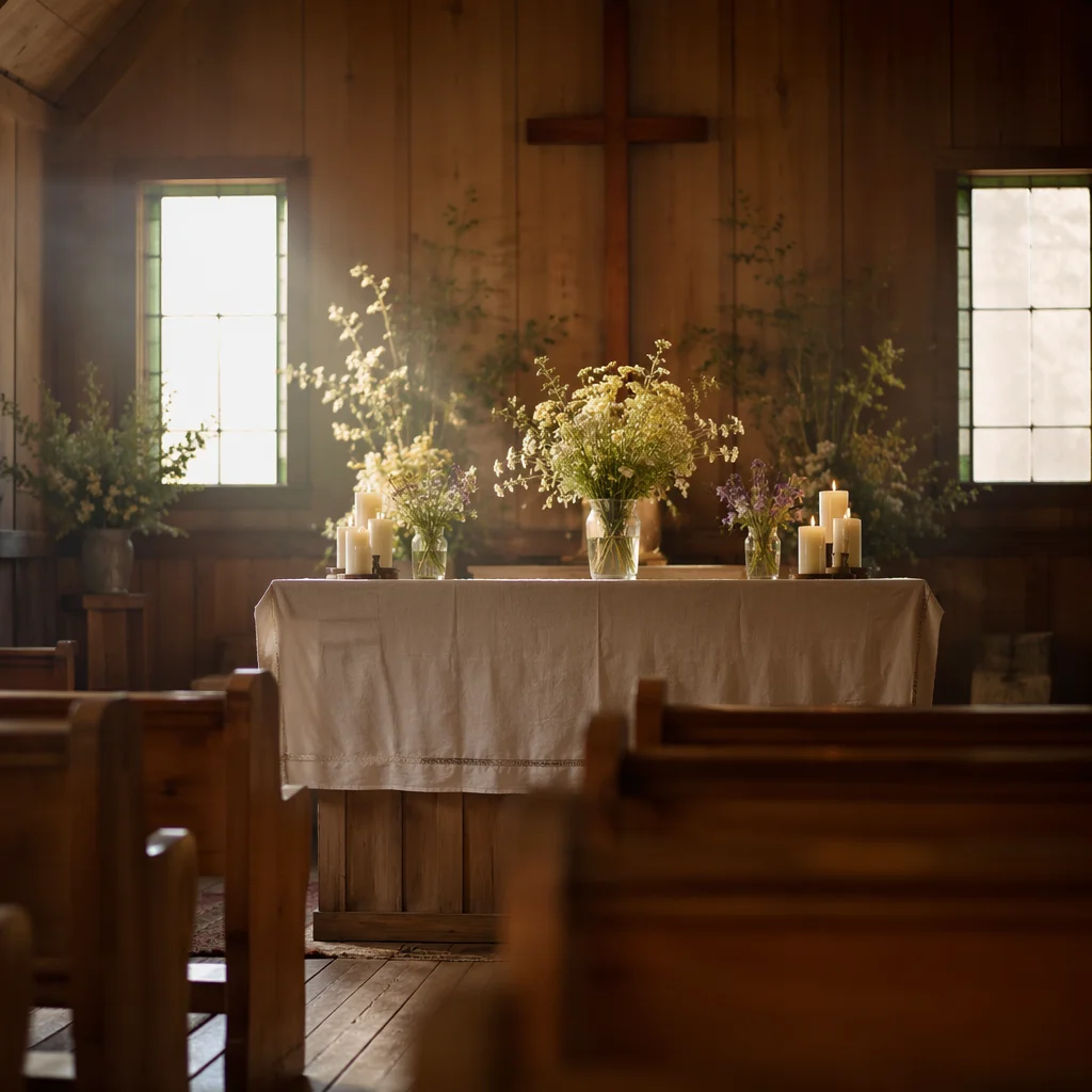 Quiet Chapel Altar with Flowers and Candles