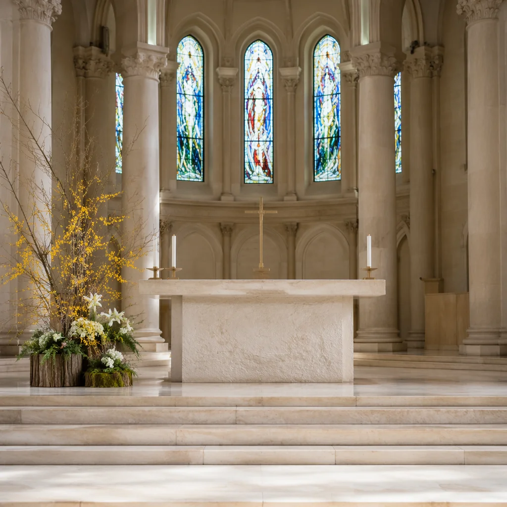 Serene Church Altar with Flowers and Candles