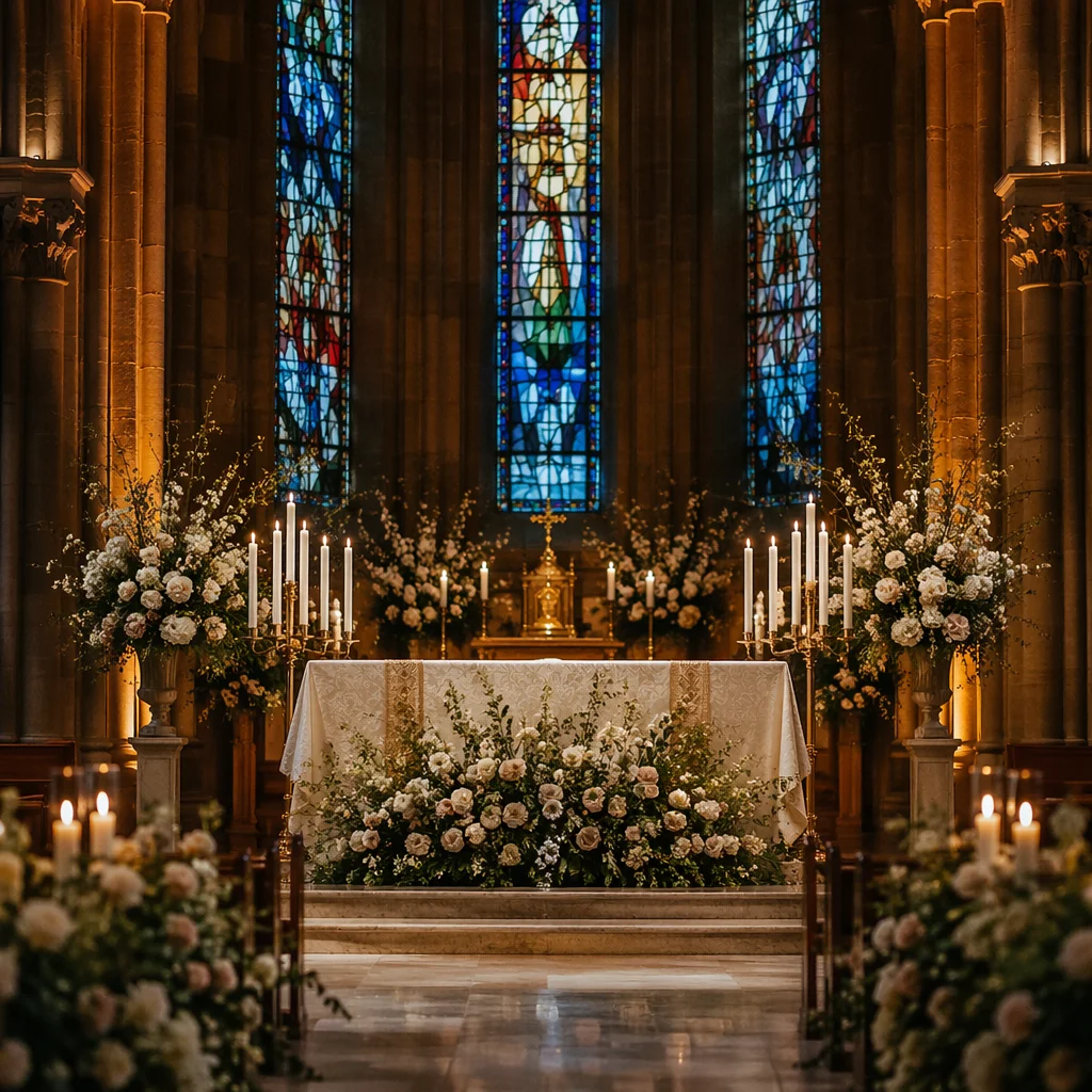 Candlelit Church Altar with Blush Flowers
