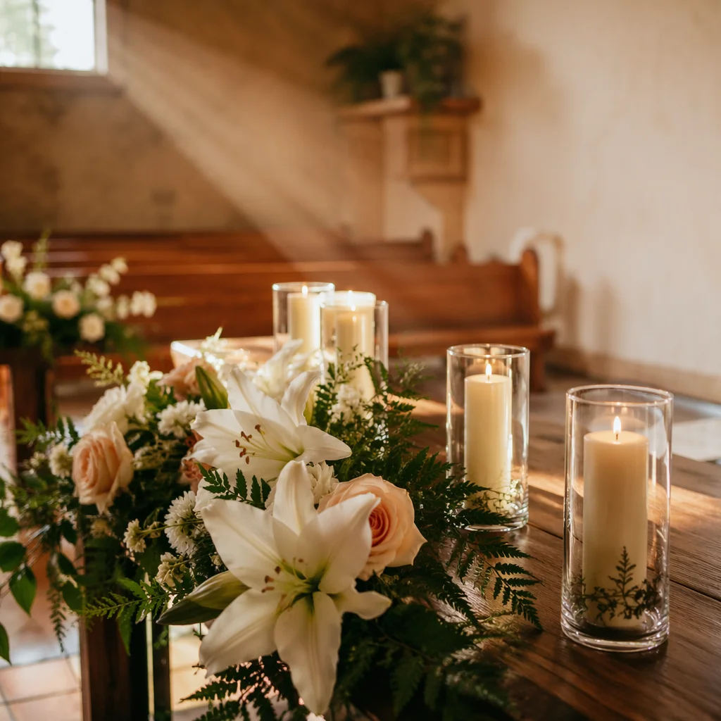 Peaceful Chapel Altar with Flowers and Candles