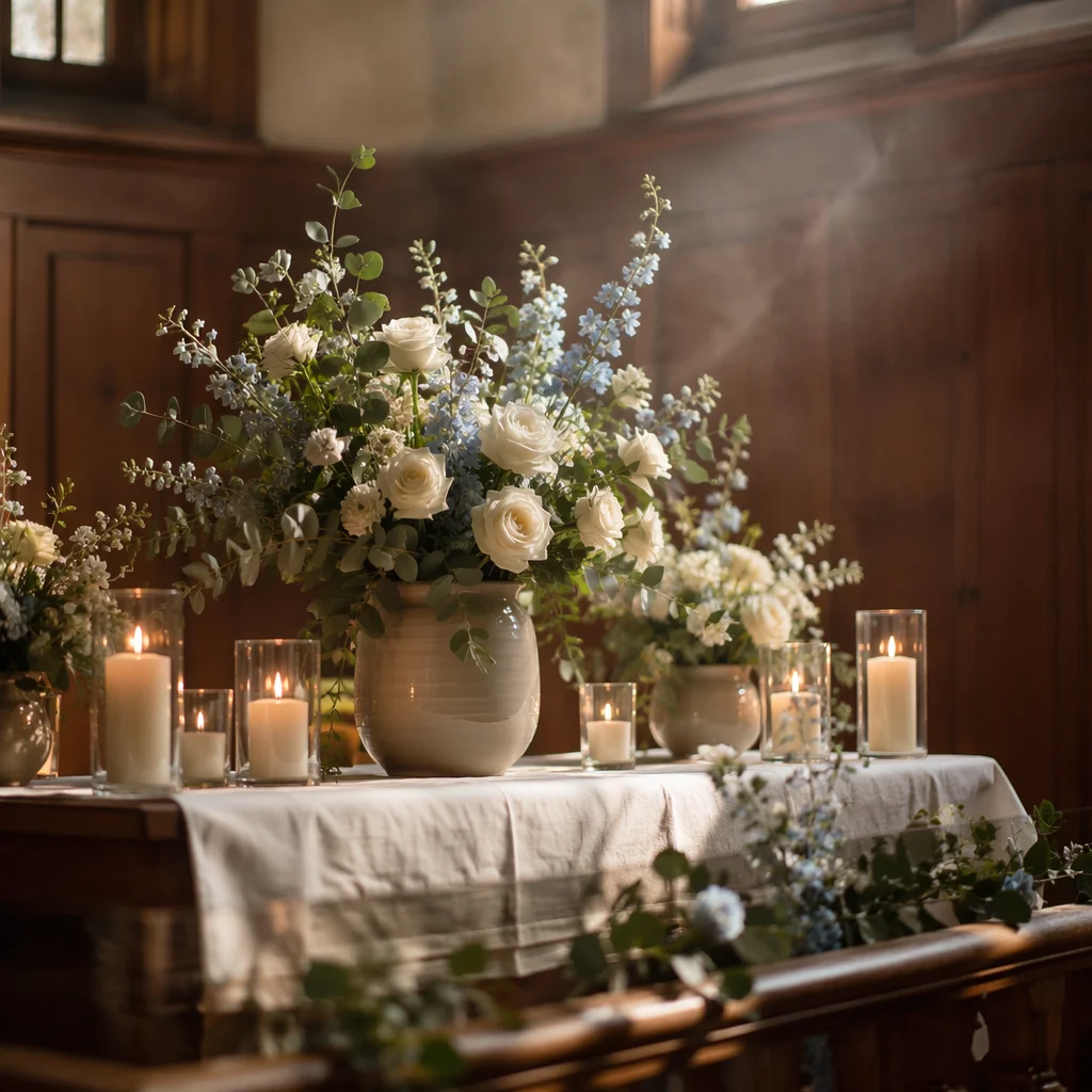 Peaceful Chapel Altar with Candles and Flowers