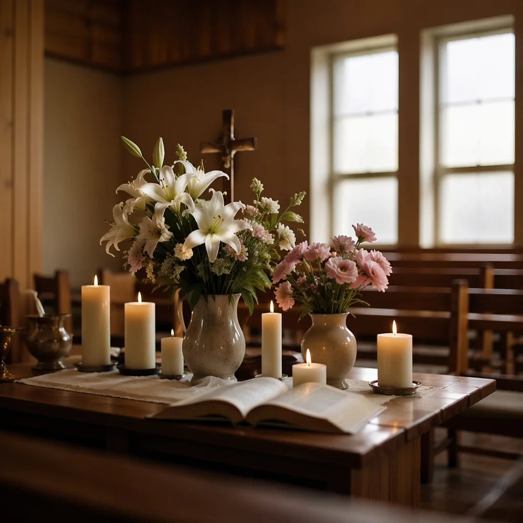 Quiet Chapel Altar with Flowers and Candles