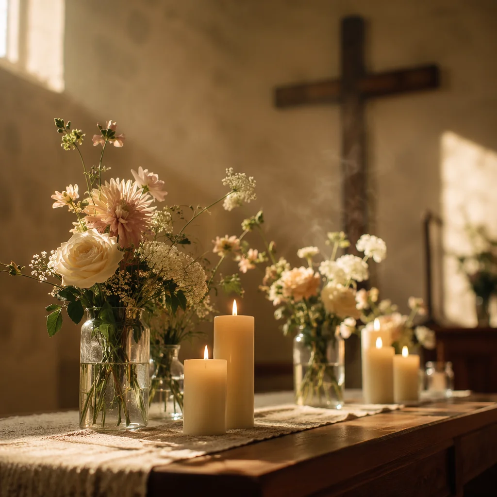 Morning Church Altar with Flowers and Candles