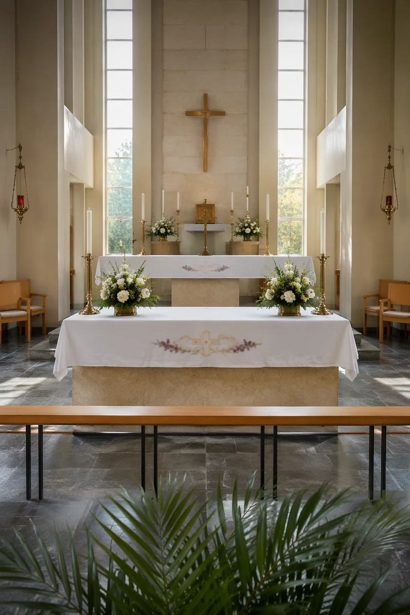Serene Church Altar with Flowers and Candles
