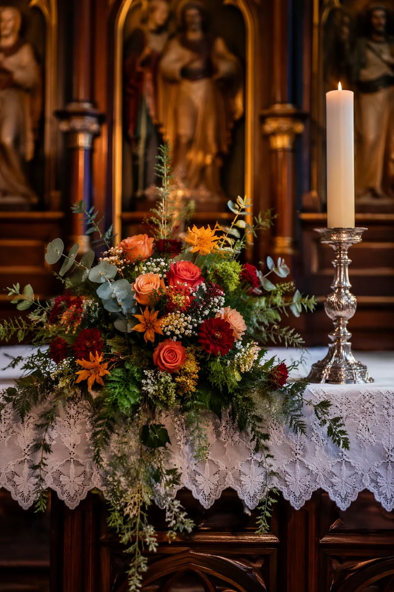 Church Altar Flowers with Candlelit Silver Candlestick