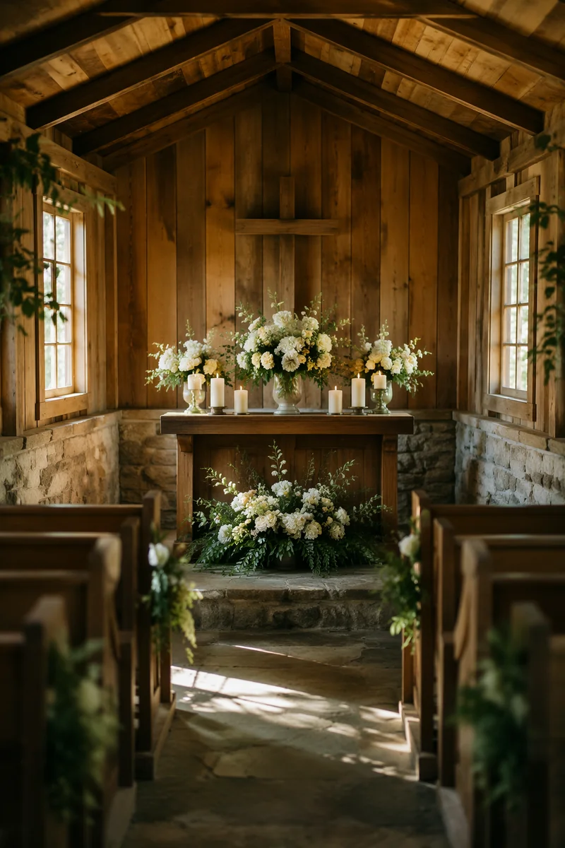 Rustic Chapel Altar with Flowers and Candles