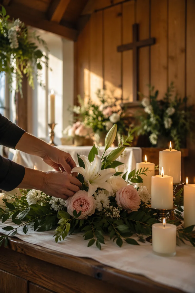 Morning Chapel Altar Flowers and Candles