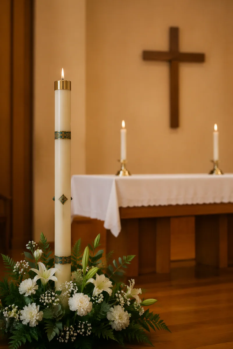 Quiet Church Altar with Flowers and Candles