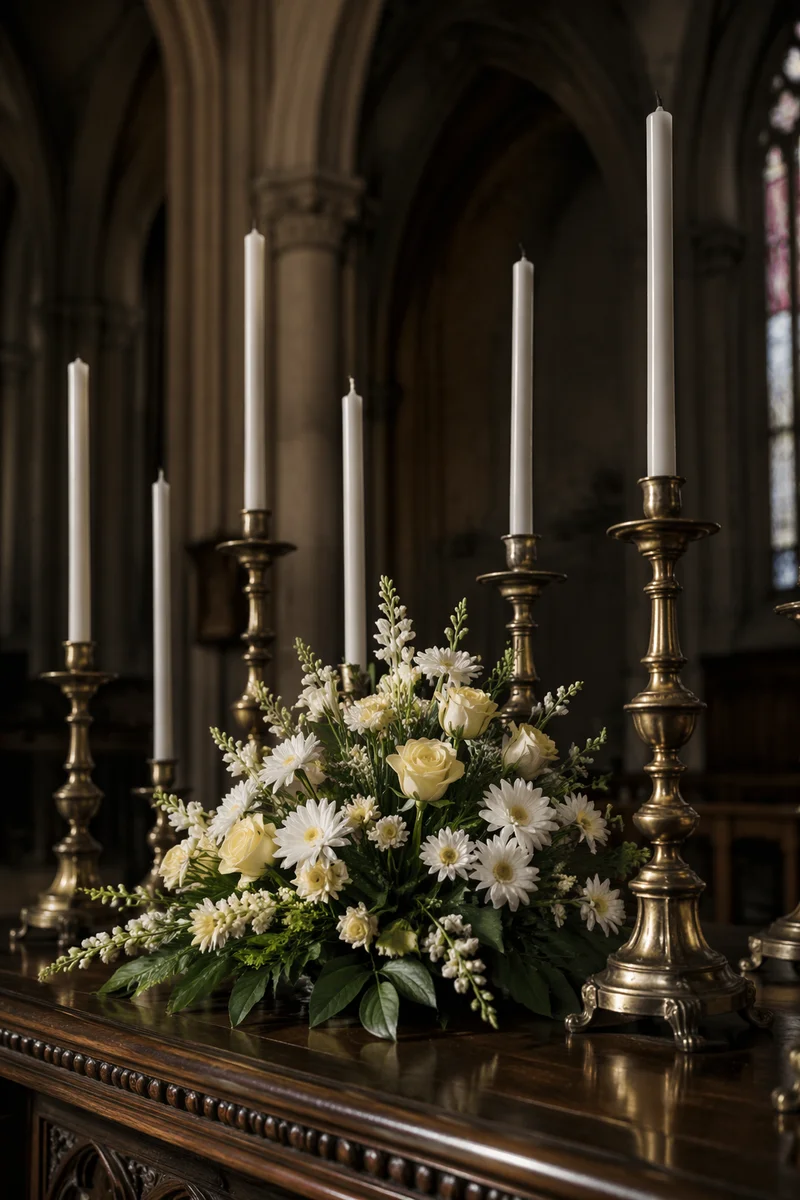 Quiet Church Altar with Flowers and Candles