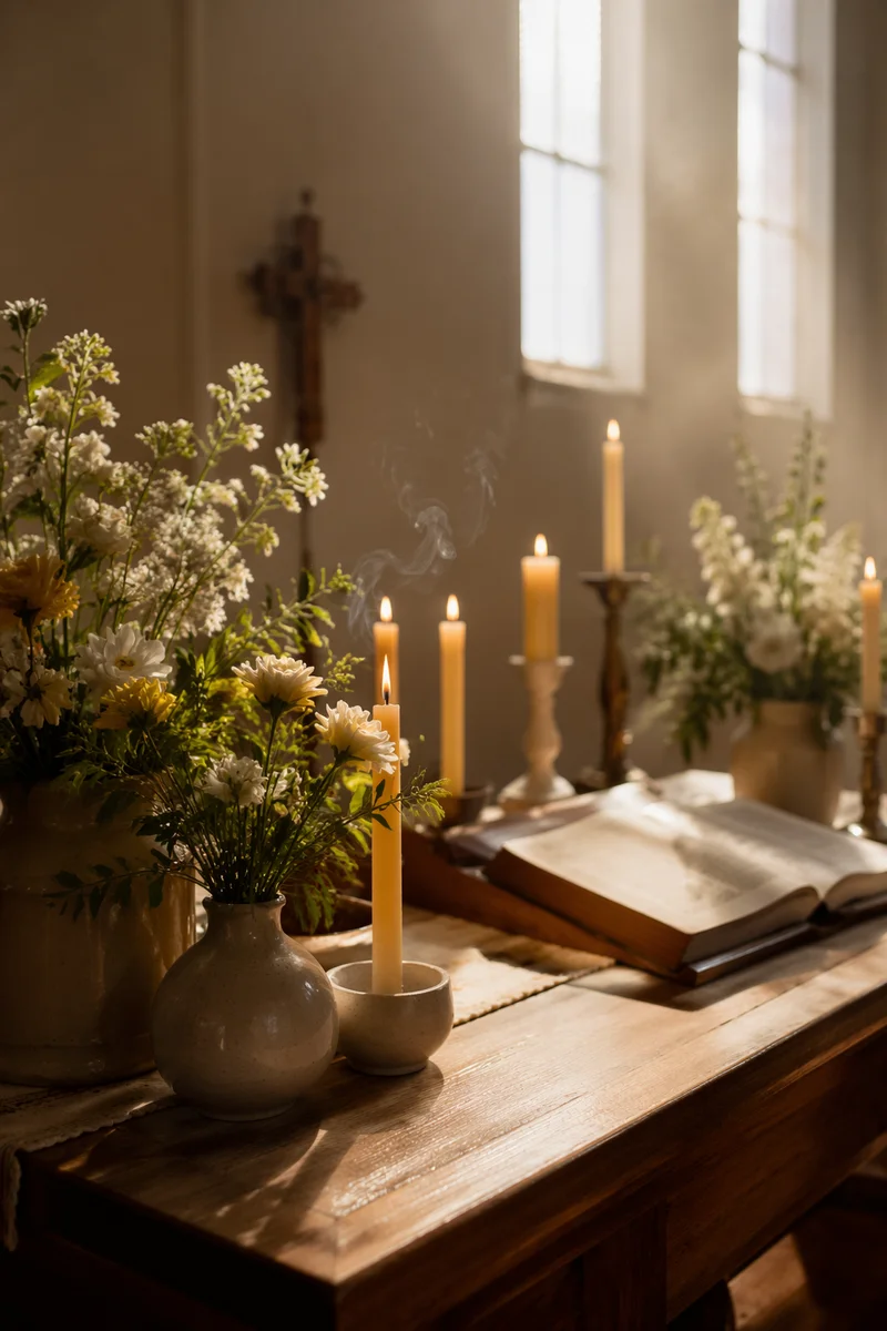 Reverent Chapel Altar with Flowers and Candles