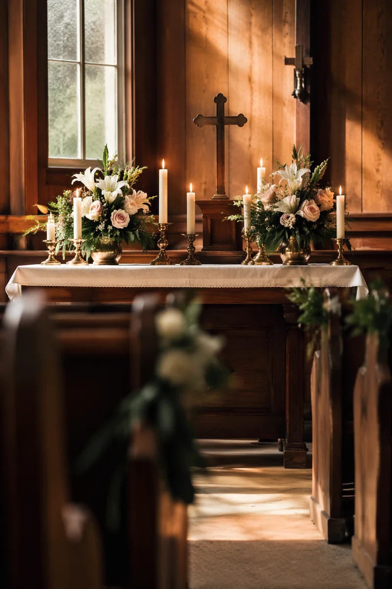 Quiet Sunday Altar with Flowers and Candles