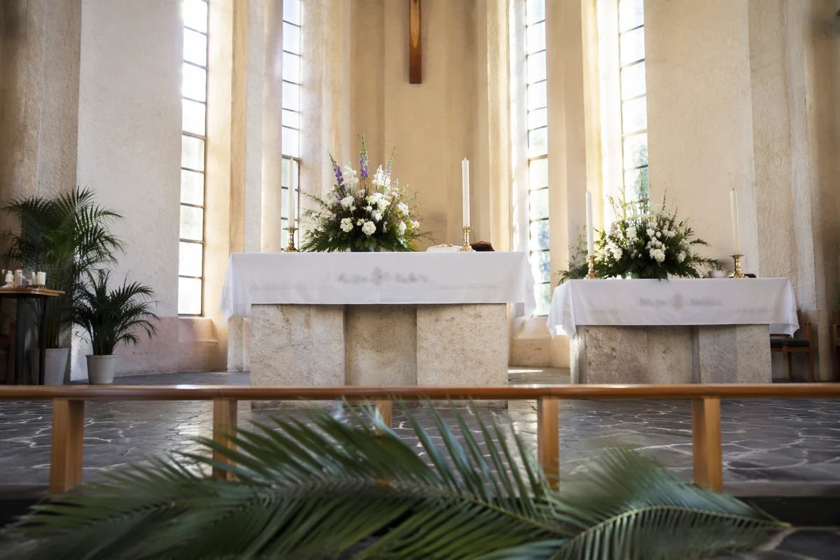 Church Altar Flowers and Candlelight Sanctuary