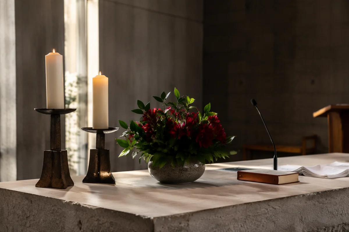 Contemporary Church Altar with Flowers and Candles