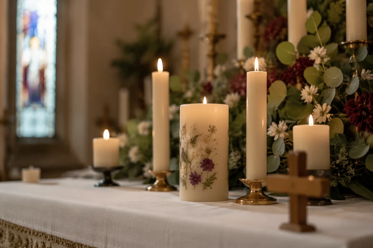 Church Altar Candles With Pressed Flowers