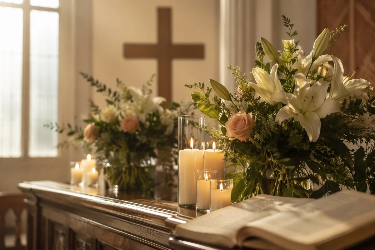 Morning Church Altar with Flowers and Candles
