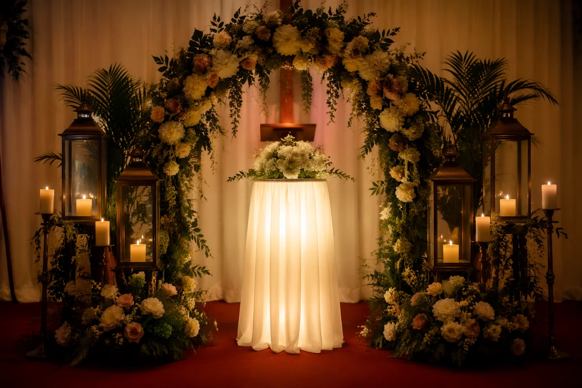 Candlelit Church Altar with Floral Arch
