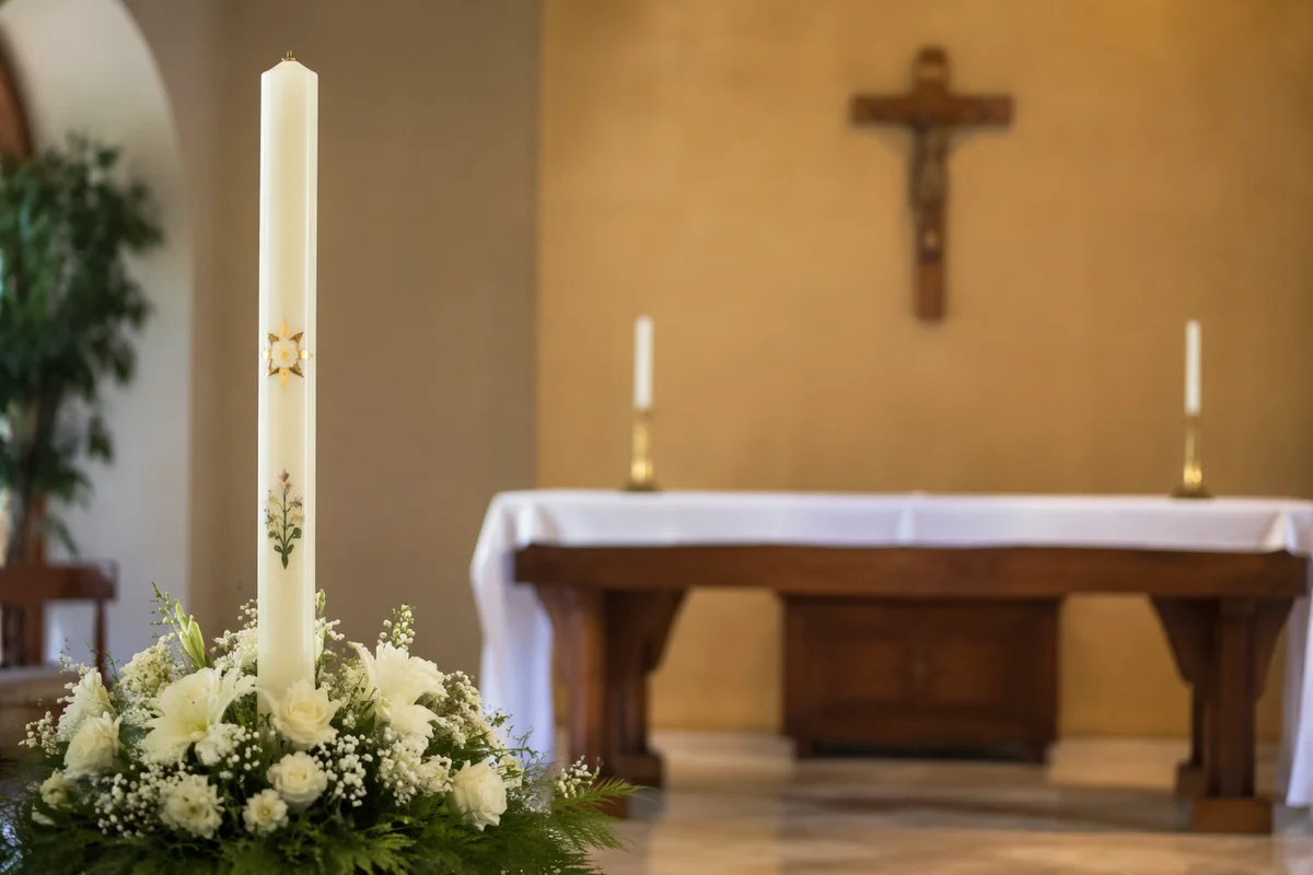 Quiet Church Altar with Flowers and Candles