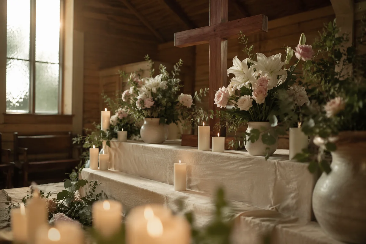 Quiet Chapel Altar with Flowers and Candles