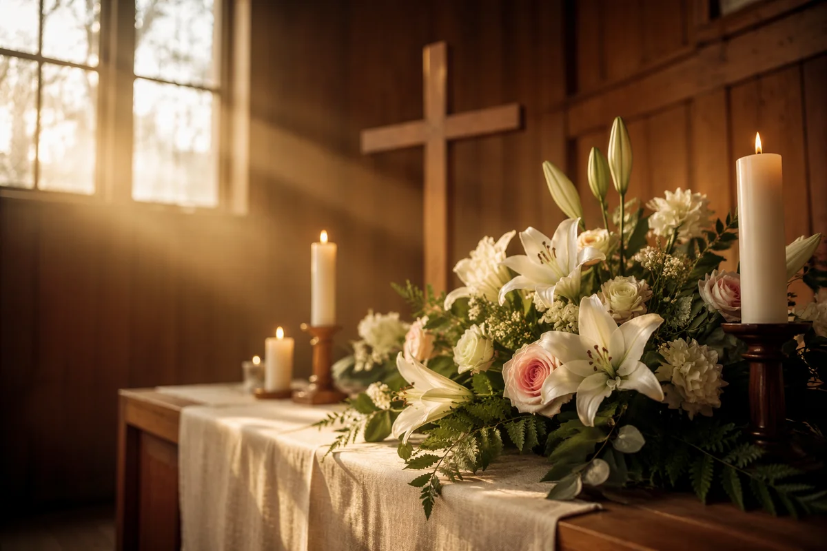 Morning Chapel Altar with Flowers and Candles