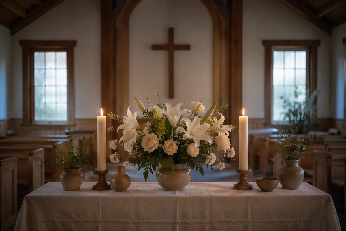 Quiet Church Altar with Flowers and Candles