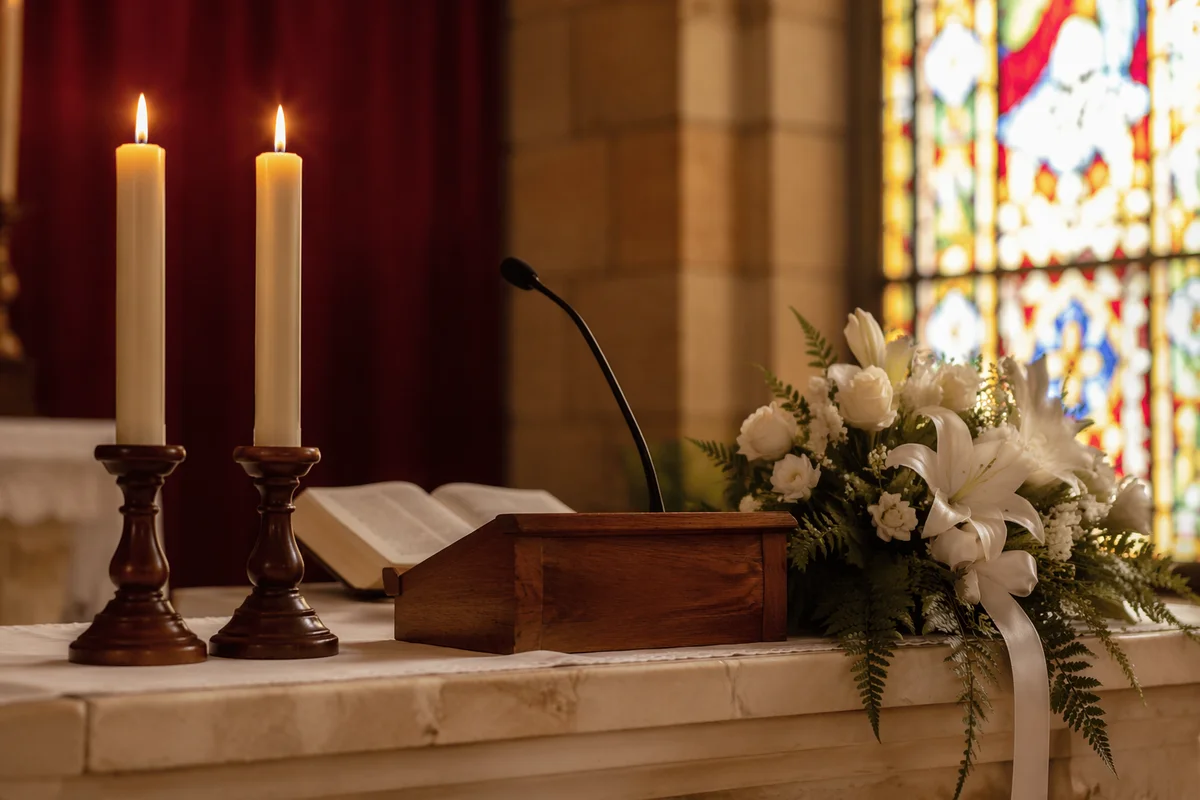 Peaceful Church Altar with Flowers and Candles