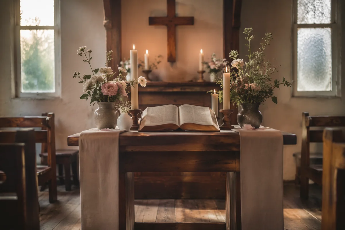 Peaceful Chapel Altar with Flowers and Candles