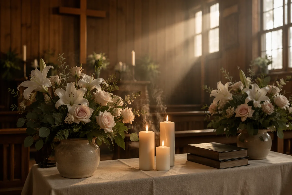 Morning Church Altar with Flowers and Candles