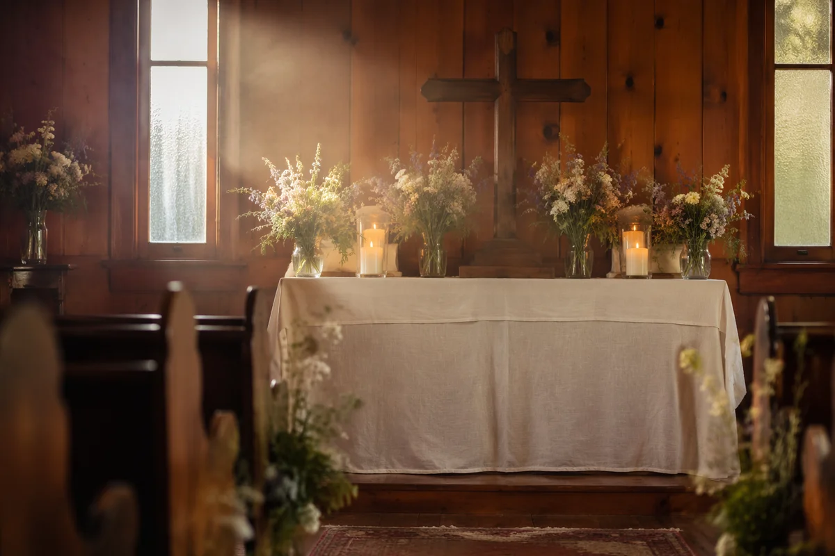 Quiet Chapel Altar with Flowers and Candles
