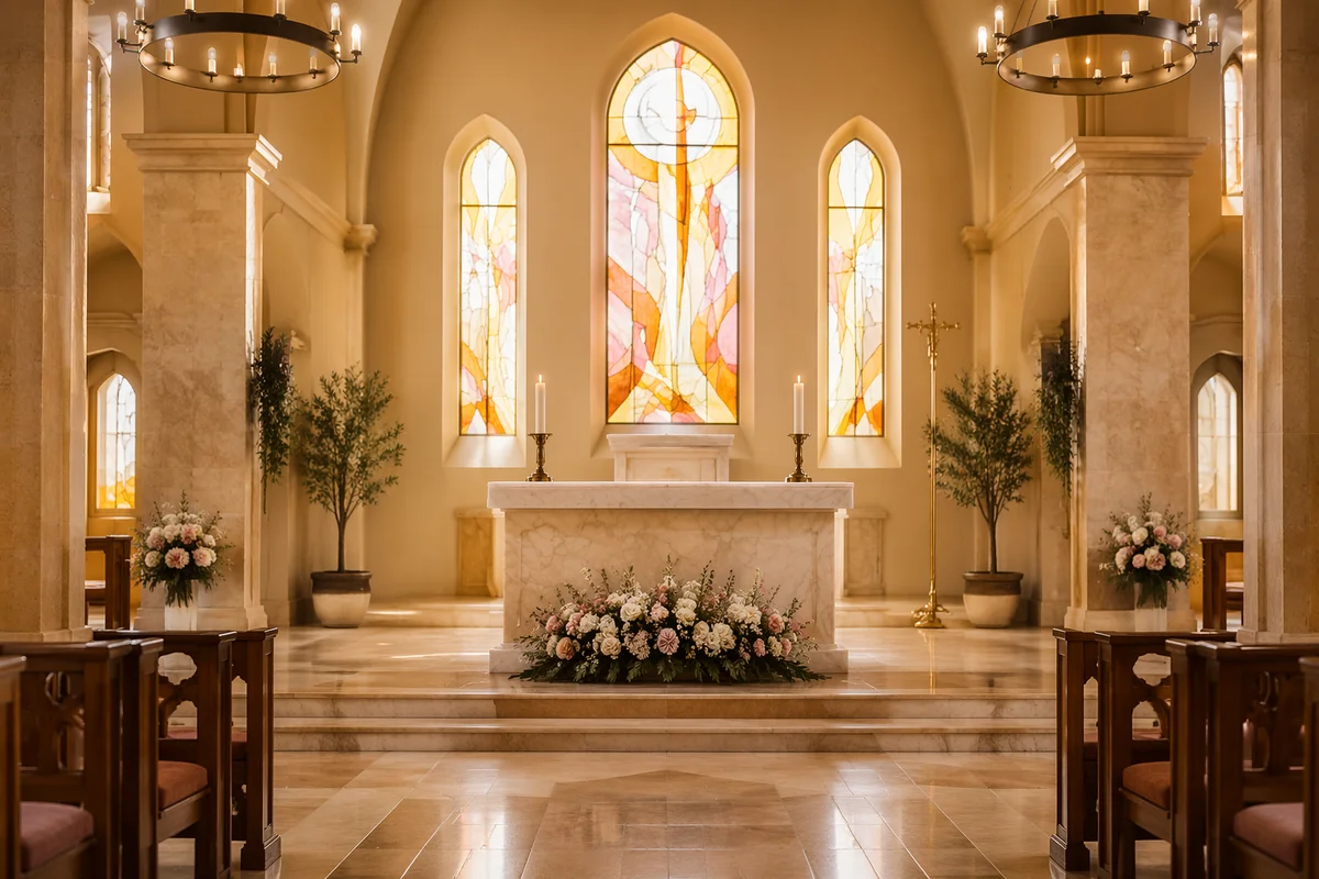 Serene Church Altar with Flowers and Candles