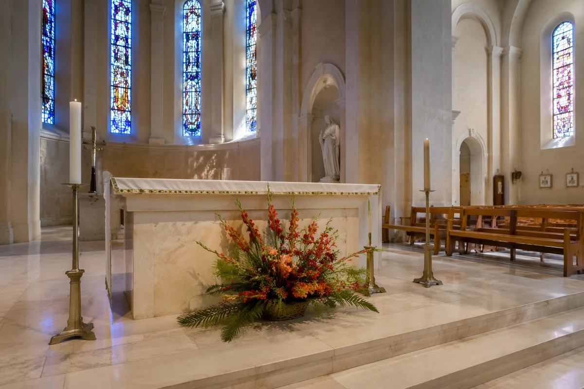 Church Altar Flowers and Candlelit Sanctuary