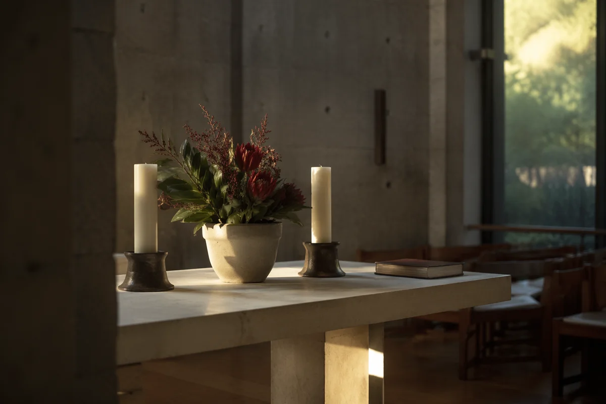 Quiet Church Altar with Flowers and Candles