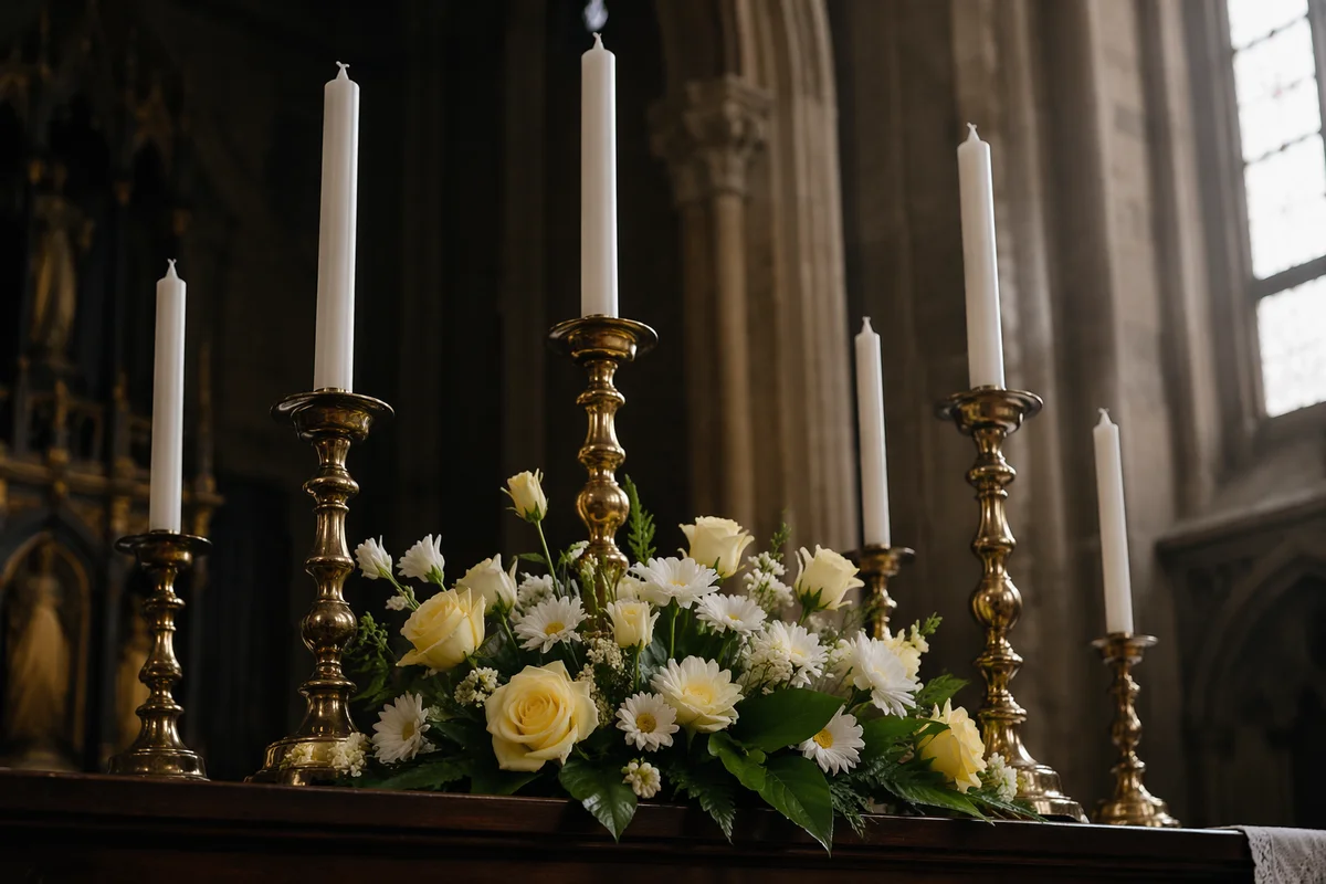 Church Altar Flowers with Brass Candles