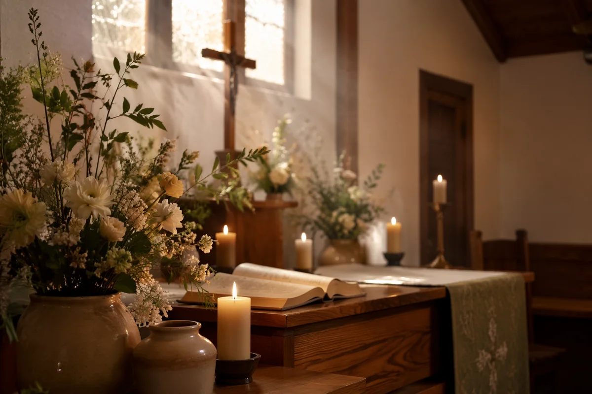 Candlelit Chapel Altar with Sunday Flowers