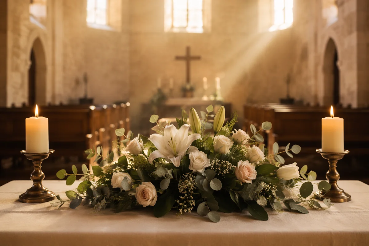 Morning Church Altar Flowers and Candles