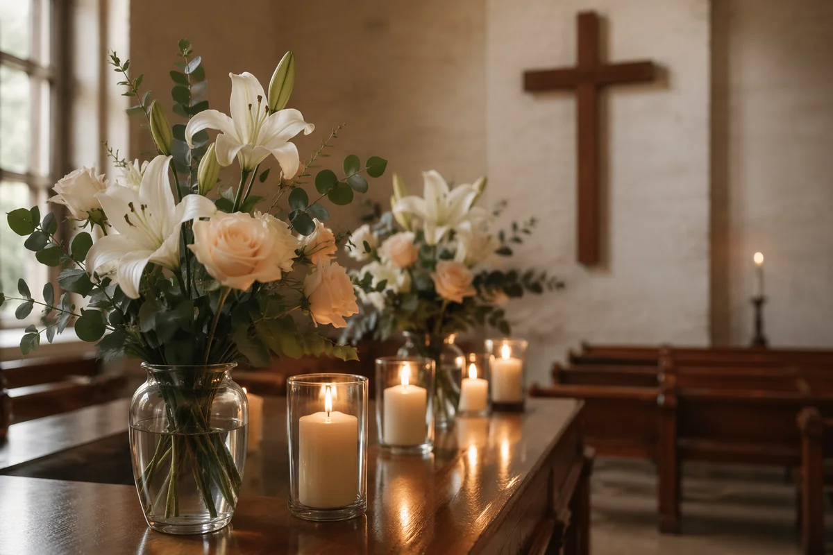 Quiet Church Altar with Flowers and Candles