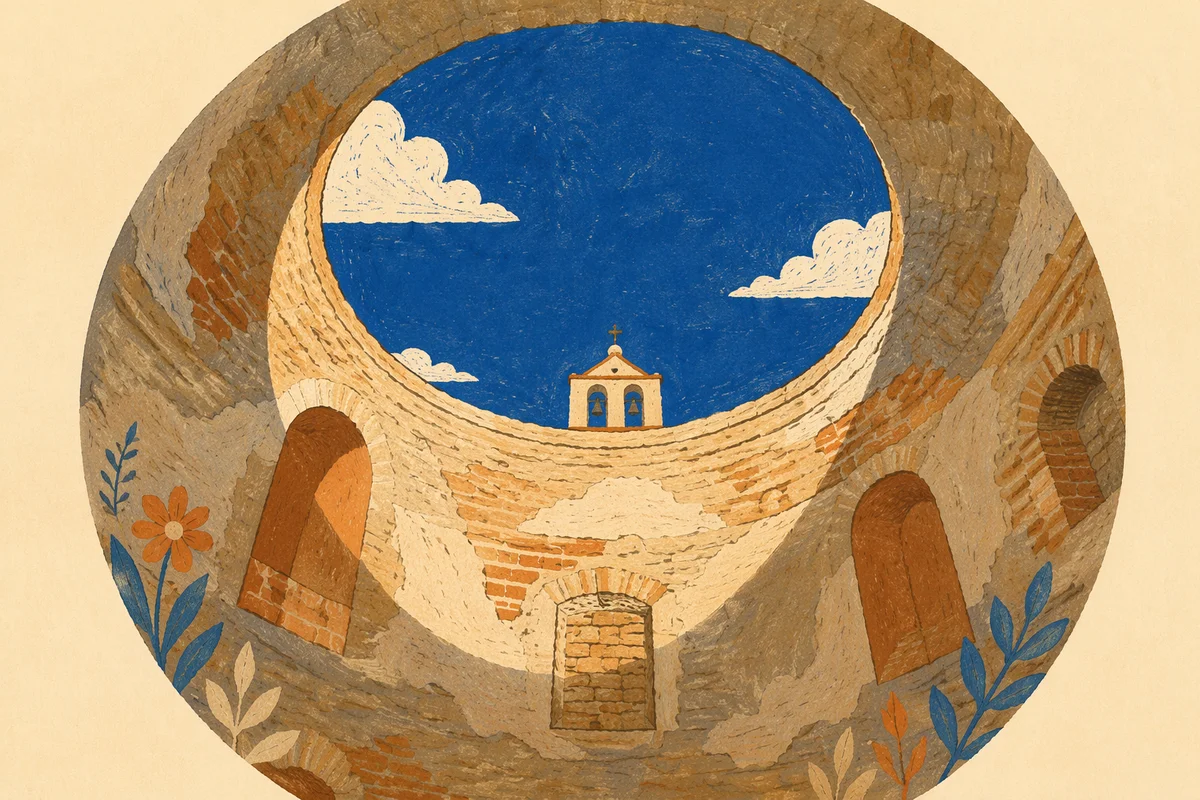 Historic Church Bell Tower Through Blue Oculus