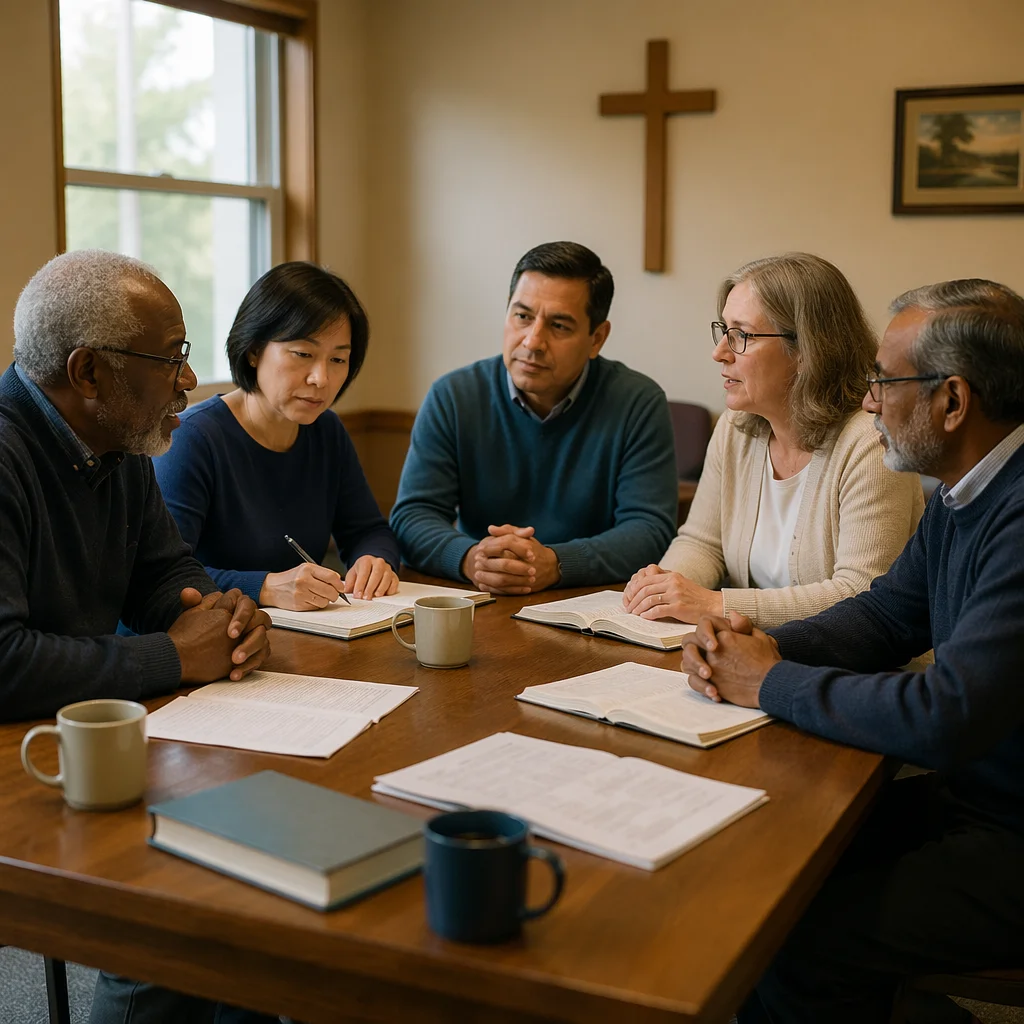 Church Board Meeting Around Wooden Table