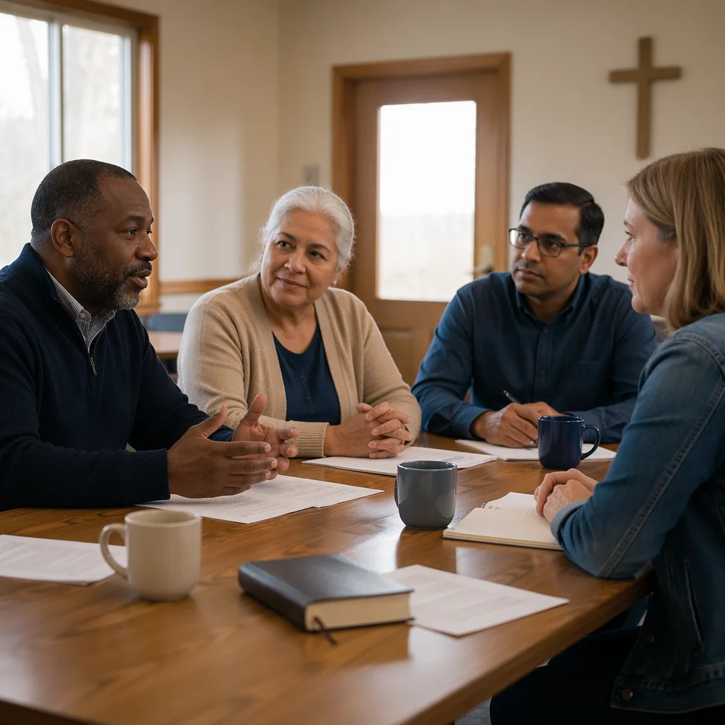 Church Elders Meeting Around Wooden Table