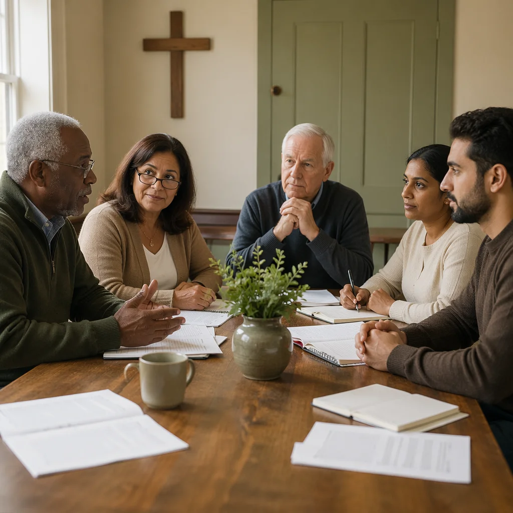 Church Elders Meeting Around Wooden Table