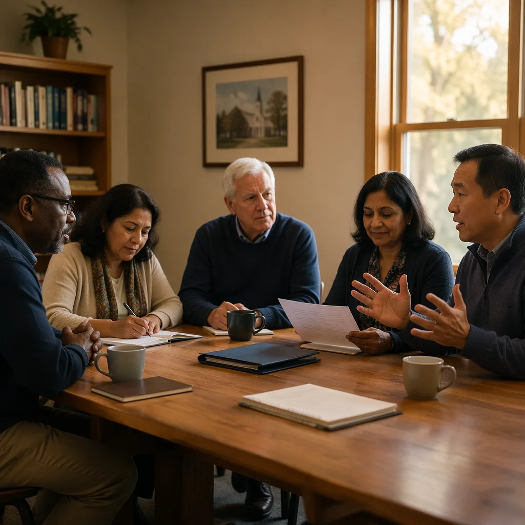 Church Board Meeting Around Wooden Table