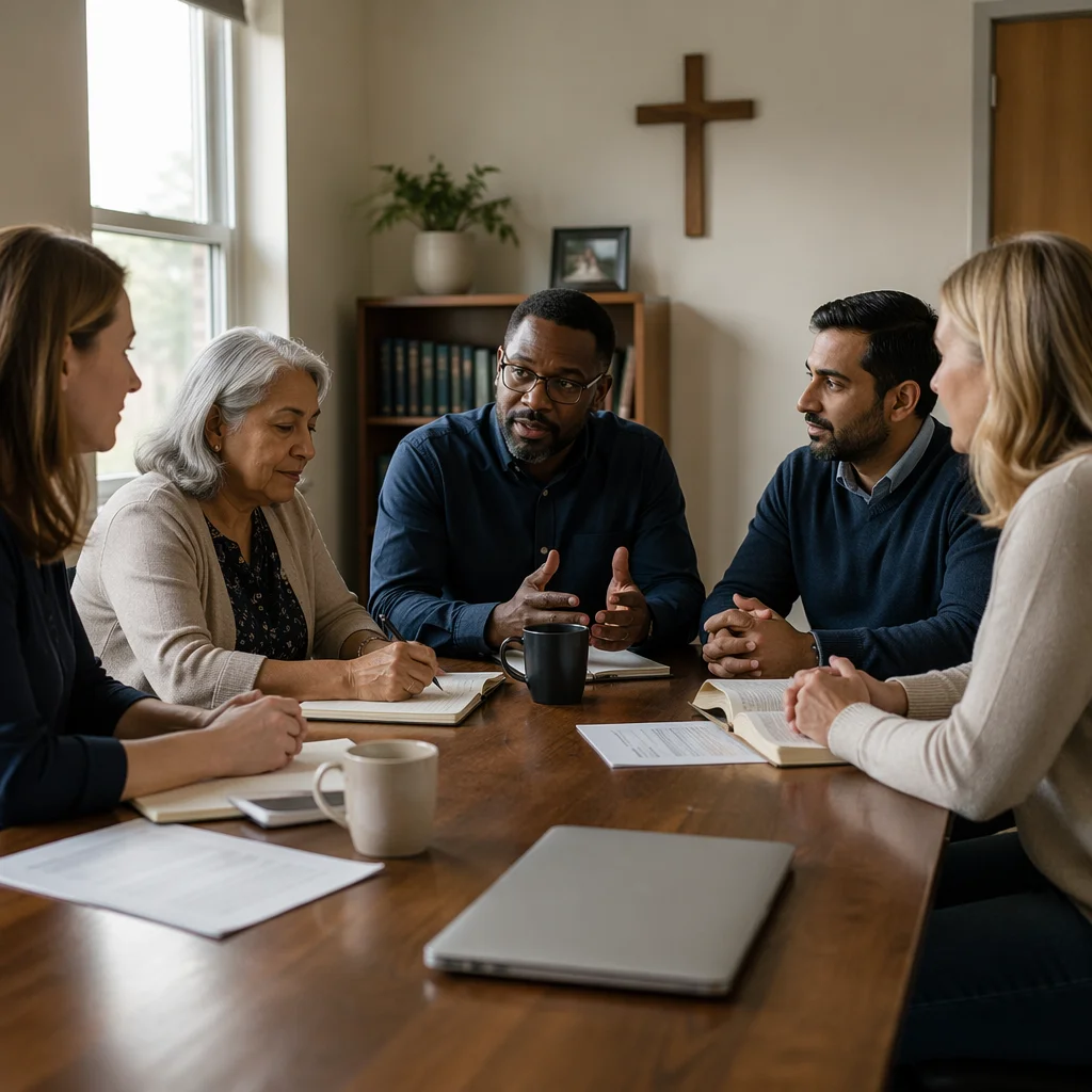 Church Leadership Meeting Around Wooden Table