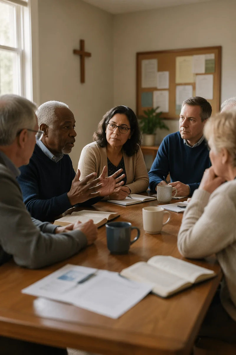 Church Board Meeting Around Wooden Table
