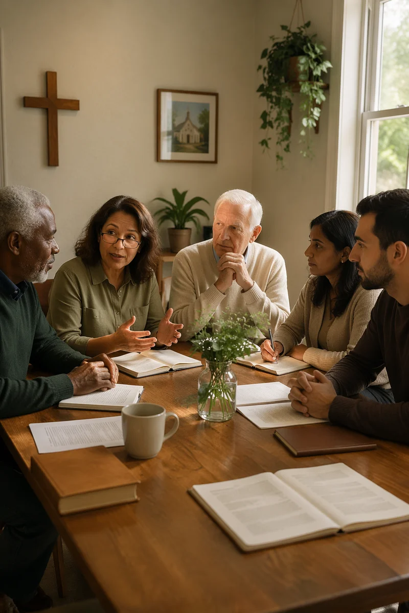 Church Elders Meeting Around Wooden Table
