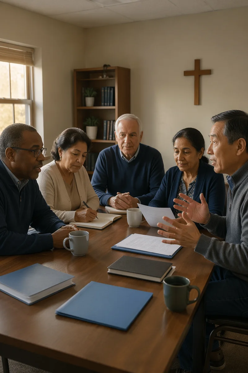 Church Board Meeting Around Wooden Table