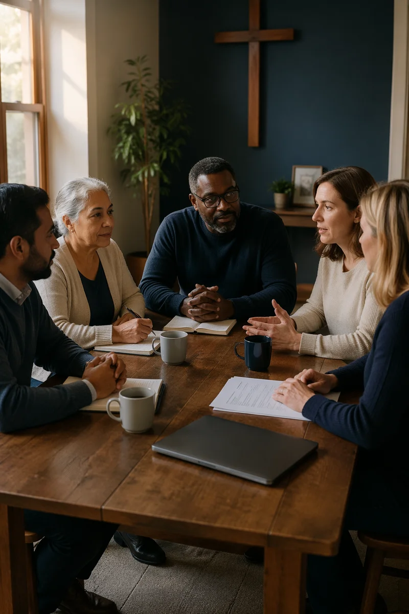 Church Elders Meeting Around Wooden Table