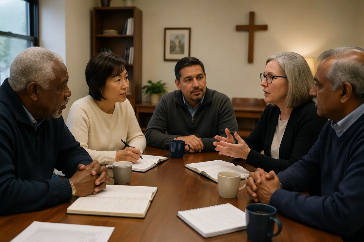 Church Elders Meeting Around Wooden Table